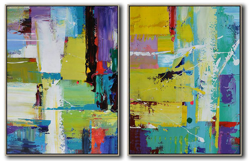 Extra Large Painting,Set Of 2 Contemporary Art On Canvas,Modern Abstract Wall Art,Yellow,Light Green,Red,Purple.etc